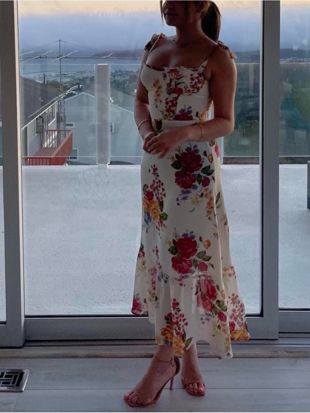 Reformation Cream Floral Tie-Shoulder Midi Dress